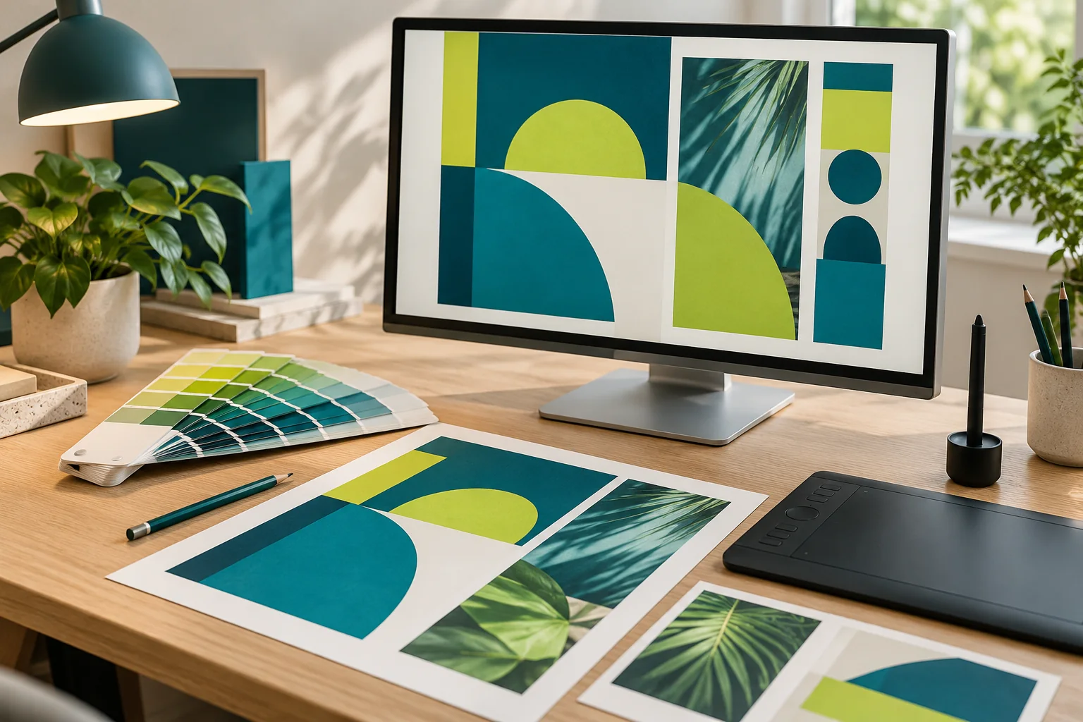 Maquette graphique à l’écran et épreuves imprimées sur un bureau de création